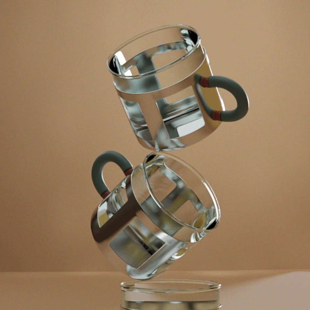 ALESSI Michael Graves Stainless Steel Glass Espresso Cup & Saucer SET Blue Red